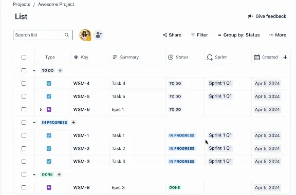 Animation zum Löschen einer Gruppierung in der Jira Listenansicht
