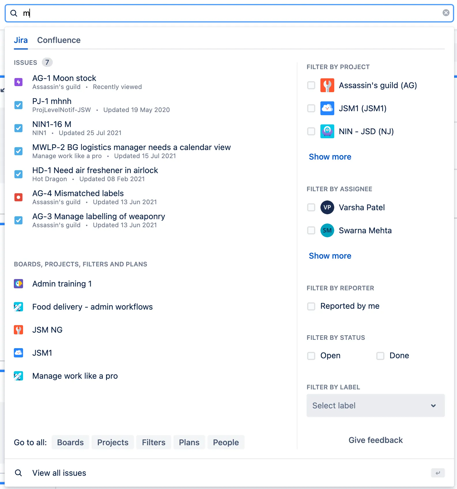 Jira Schnellsuche Interface