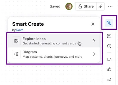 Die Smart-Create-Schaltfläche mit den erweiterten Optionen „Ideen erkunden" und „Diagramm".