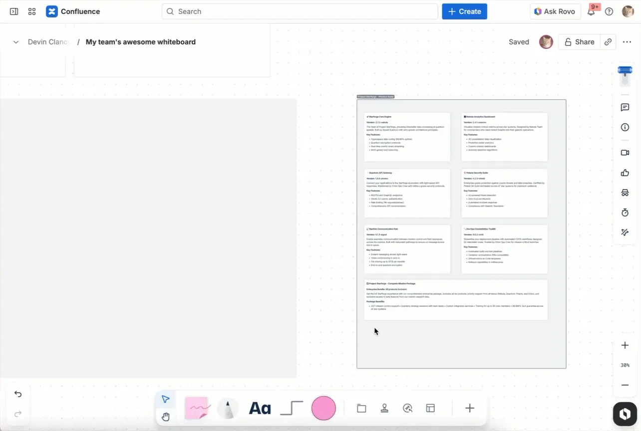 Mit „Zusammenfassen" oben rechts auf einem Whiteboard erstellt Atlassian Intelligence eine Zusammenfassung.
