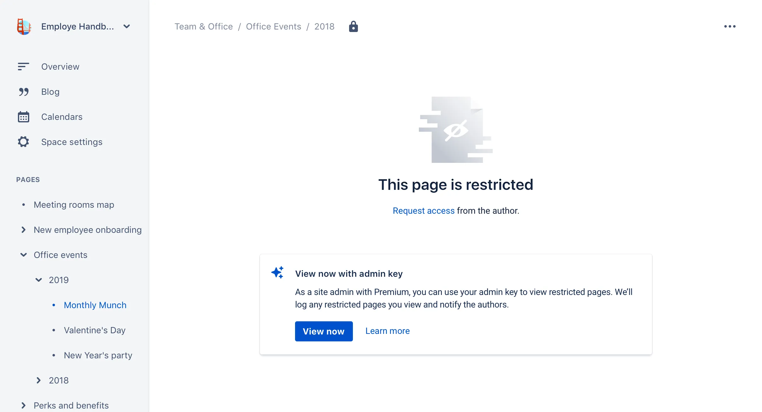 Wenn ein Administrator eine eingeschränkte Seite öffnet, kann er den Admin-Schlüssel verwenden, um Einschränkungen vorübergehend zu umgehen.