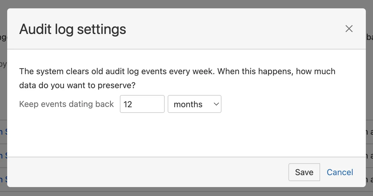 Modal mit Einstellungen zur Steuerung, wie lange Audit-Protokoll-Daten gespeichert werden.