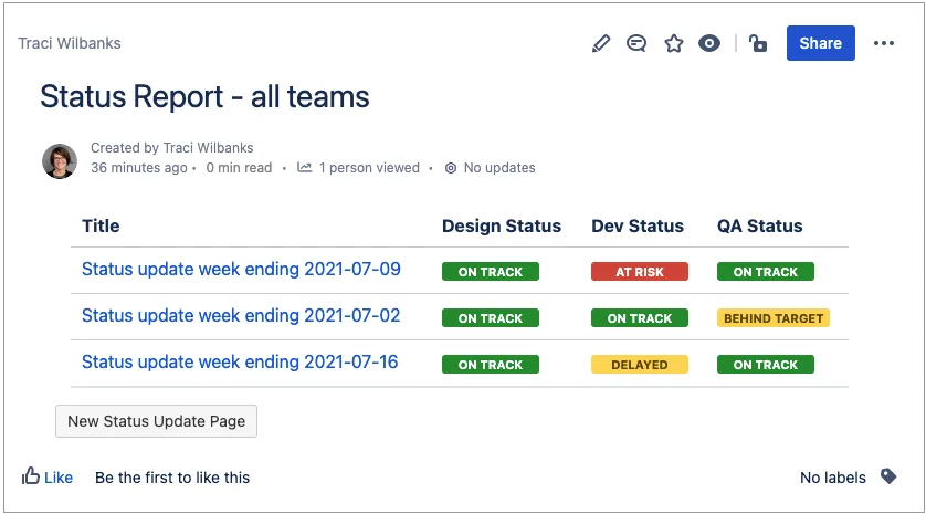 Statusbericht-Seite für alle Teams