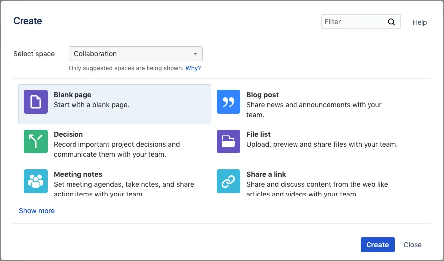 Erstellen-Dialog in Confluence
