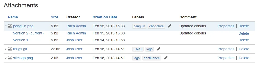 Tabelle mit verschiedenen Anhängen und ihrem Versionsverlauf in Confluence Cloud