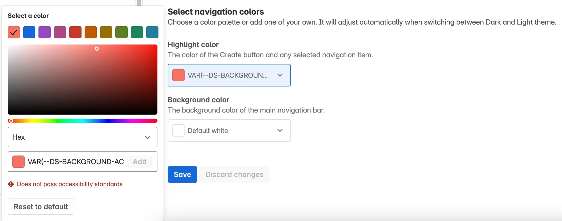 Farbschema-Einstellungen mit den Dropdown-Menüs Farbe markieren und Hintergrundfarbe.