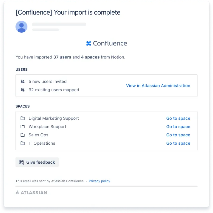 Erfolgs-E-Mail für den Import von Notion-Inhalten in Confluence mit den importierten Benutzern und Bereichen.
