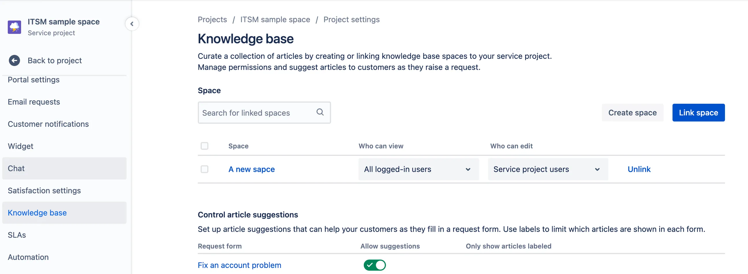 Die Projekteinstellungsseite von Jira Service Management mit ausgewähltem Tab „Wissensdatenbank".