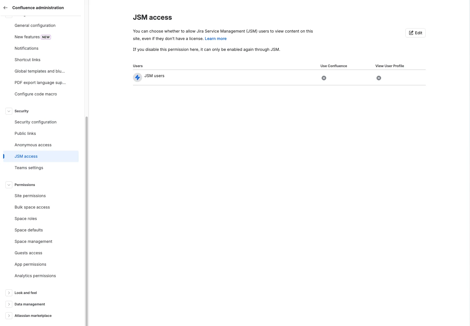 Der Tab „JSM-Zugriff" in der Confluence-Administration.