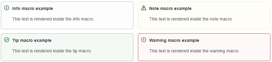 Beispiele für die Info-, Tipp-, Hinweis- und Warnung-Makros im Legacy-Editor