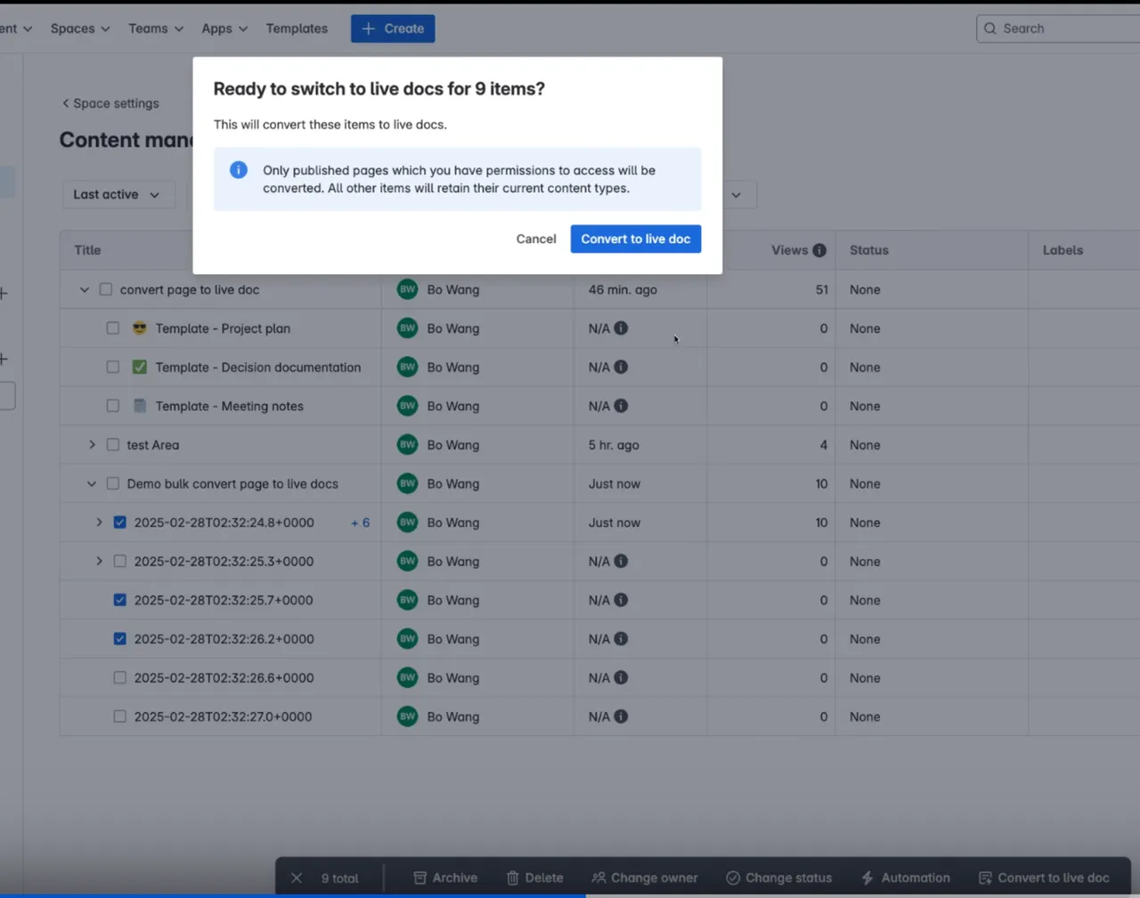 Die Admin-Aktion zum massenhaften Umwandeln von Seiten in Live-Dokumente über den Inhaltsmanager.