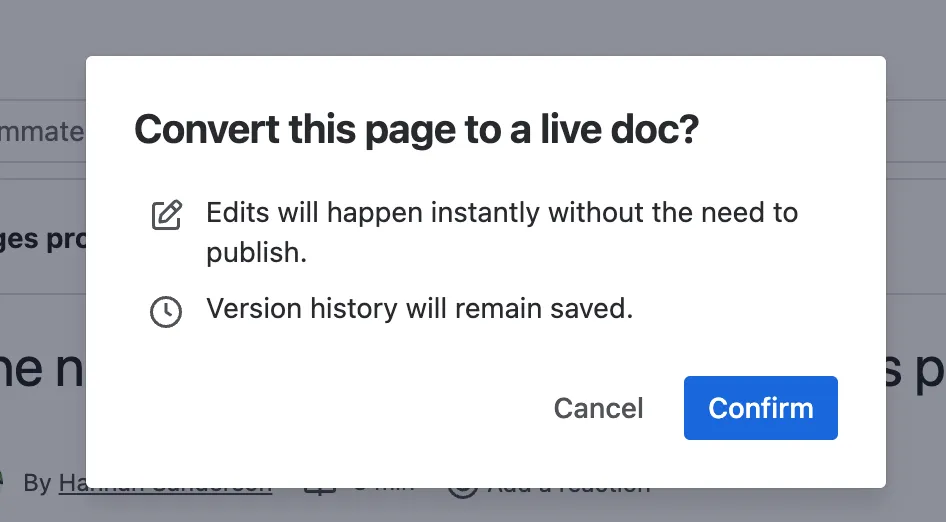 Bestätigungs-Modal für die Konvertierung einer Seite in ein Live Doc.
