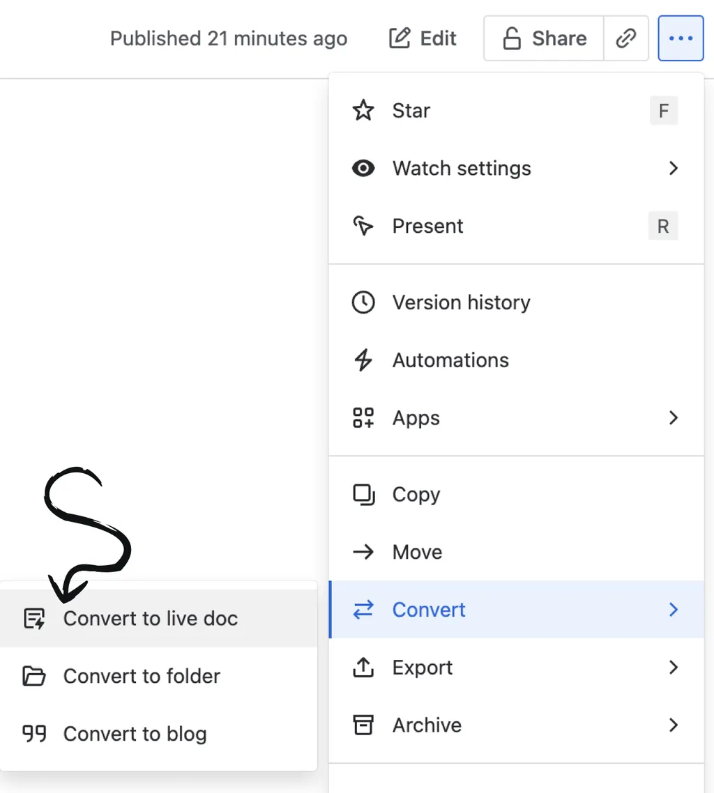 Option "In Live Doc konvertieren" auf einer Seite.