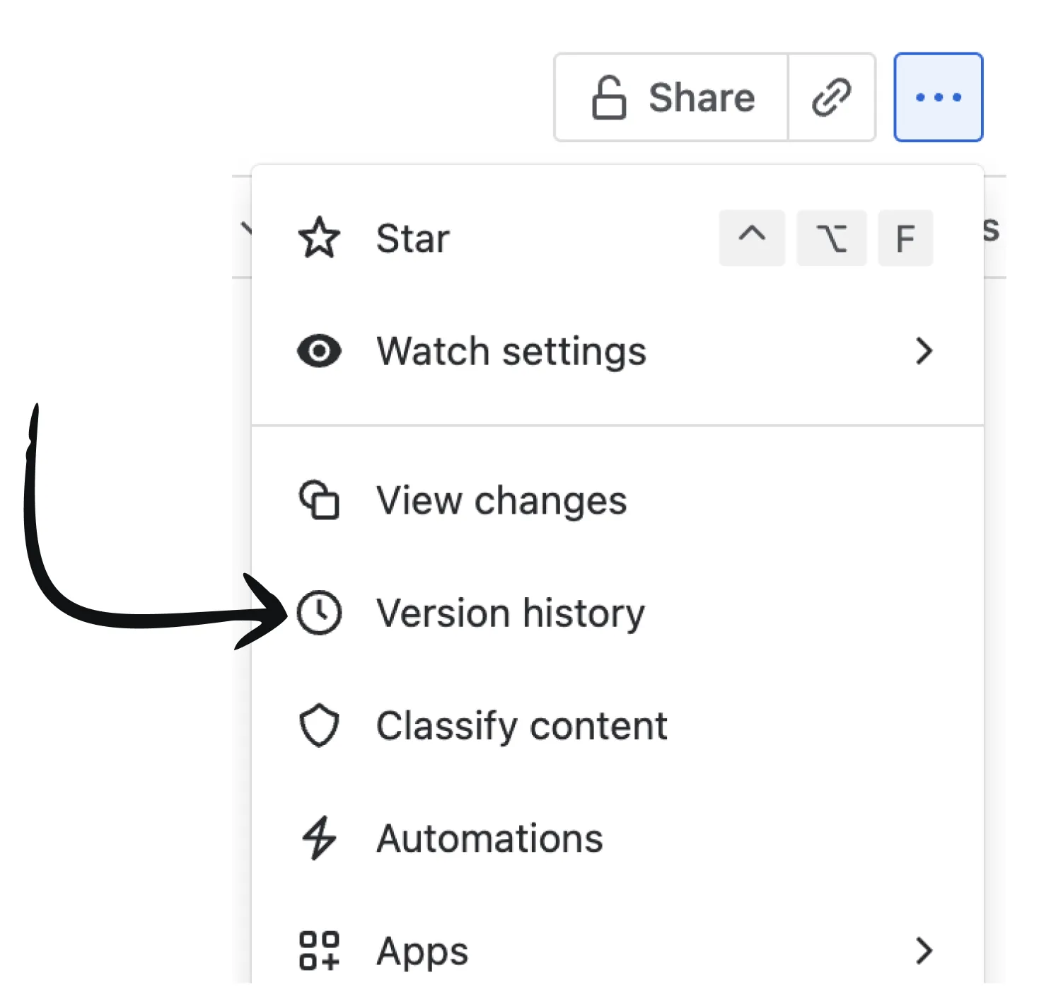 Versionsverlauf im Menü "Weitere Aktionen" eines Live Docs.