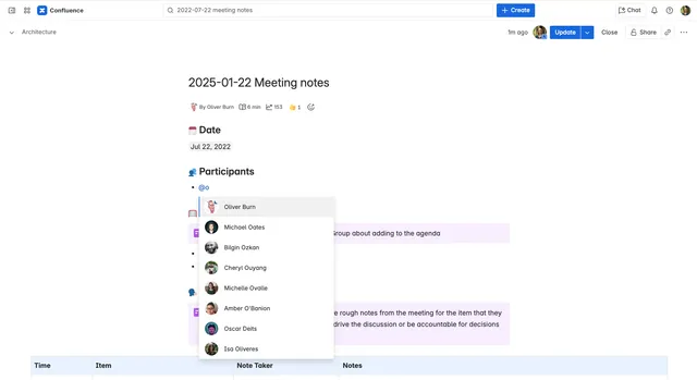 Die Eingabe von @ im Editor zeigt eine Liste möglicher Benutzer und Teams an.