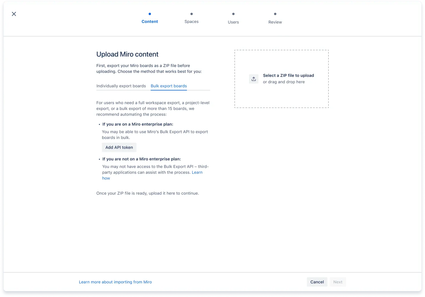 Ansicht des Miro-Inhalts-Uploaders in Confluence
