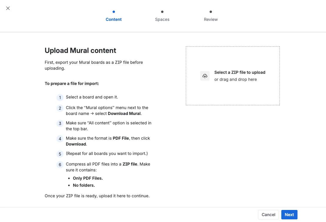 Der Mural Bulk-Import-Bildschirm in Confluence