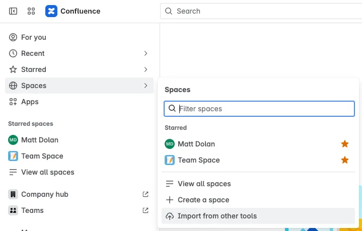 Das Confluence-Menü "Bereiche" mit der Option "Aus anderen Tools importieren"