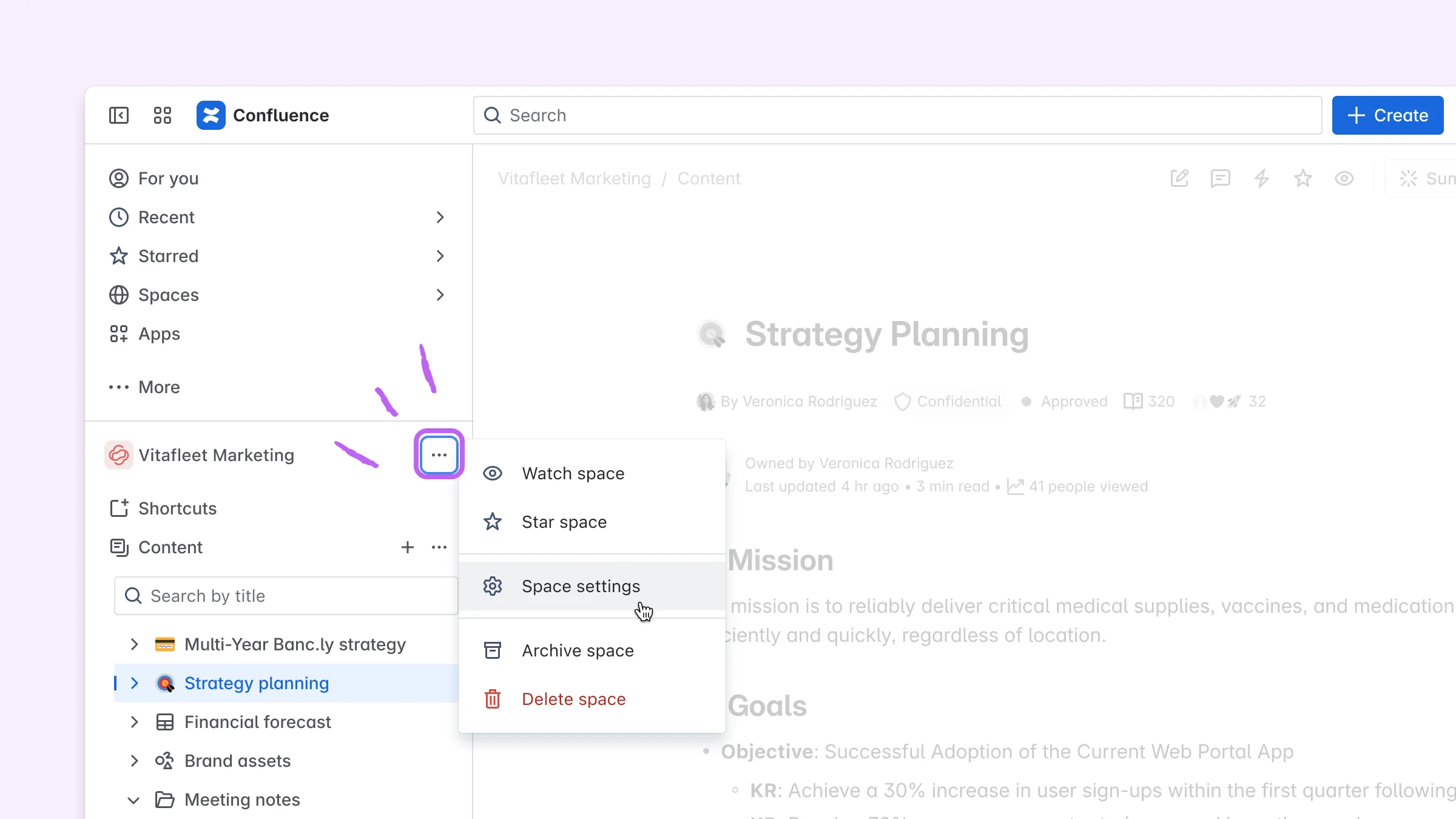 Screenshot der Bereichseinstellung in Confluence
