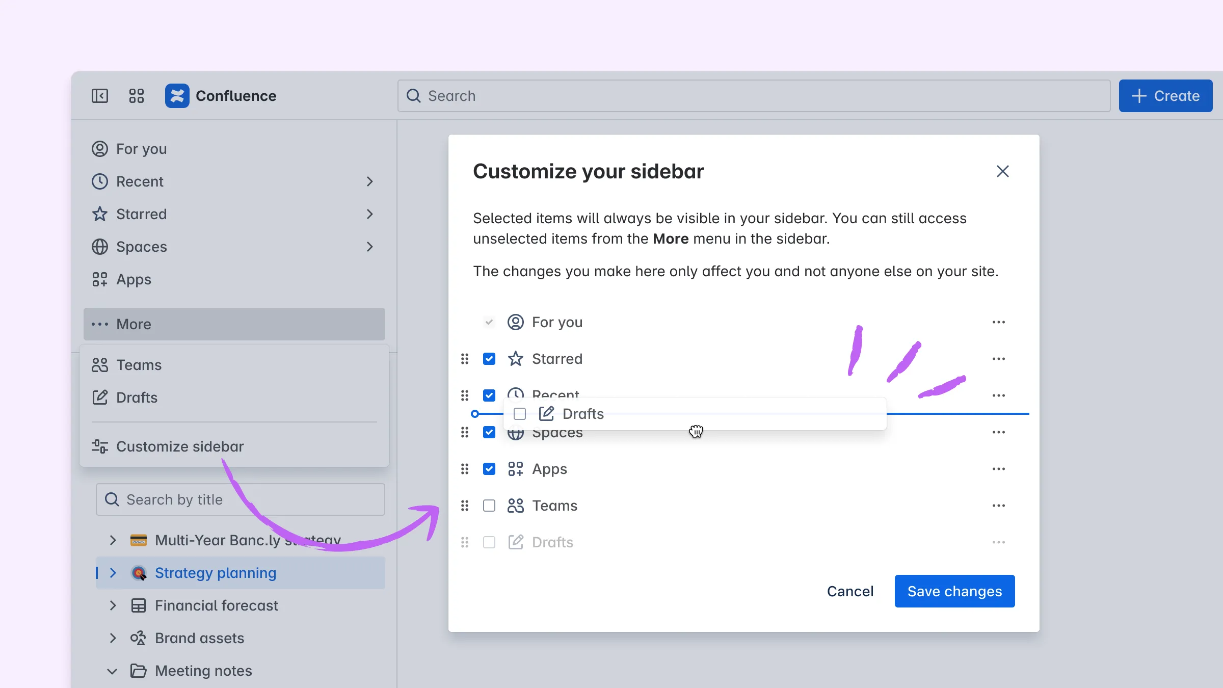 Beschrifteter Screenshot zum Anpassen der Seitenleiste in Confluence