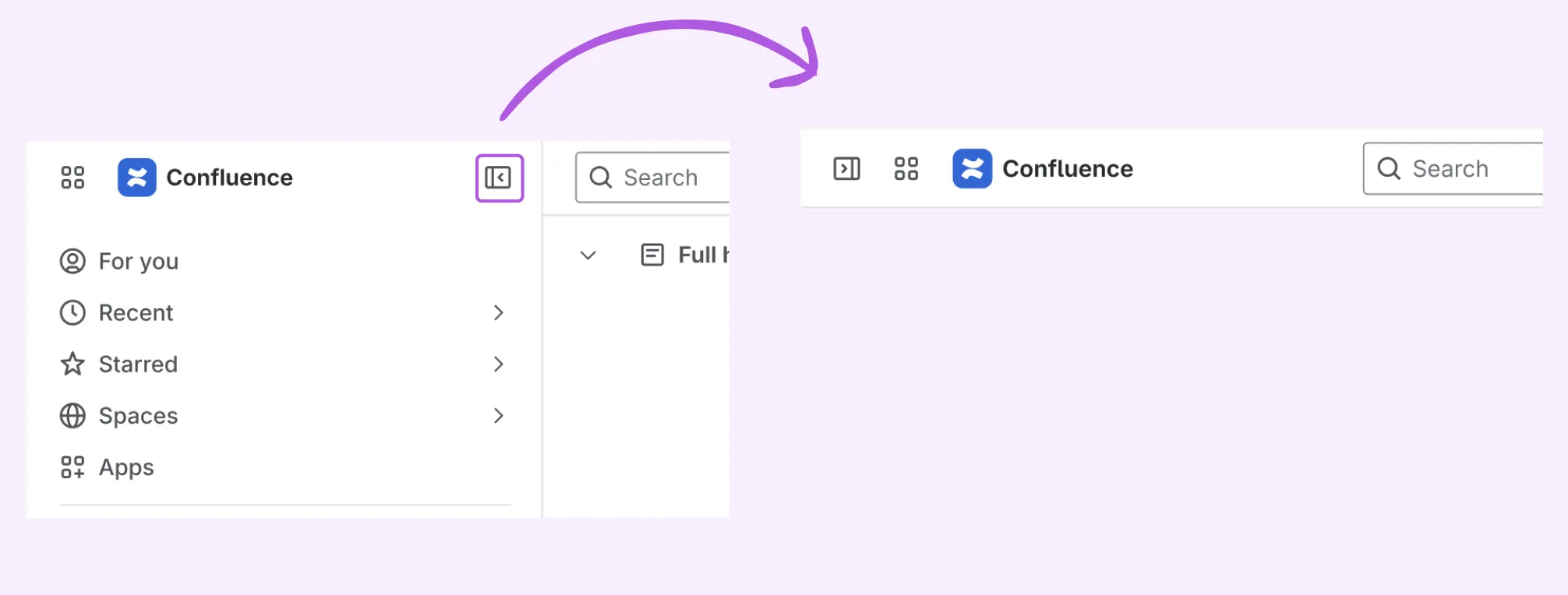 Position des Symbols zum Ausblenden der Seitenleiste in Confluence