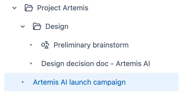 Ein Ordner mit dem untergeordneten Ordner „Design" und der untergeordneten Seite „Artemis AI launch campaign".
