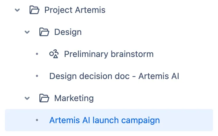 Ein Ordner mit zwei untergeordneten Ordnern „Design" und „Marketing". „Marketing" hat eine untergeordnete Seite „Artemis AI launch campaign".