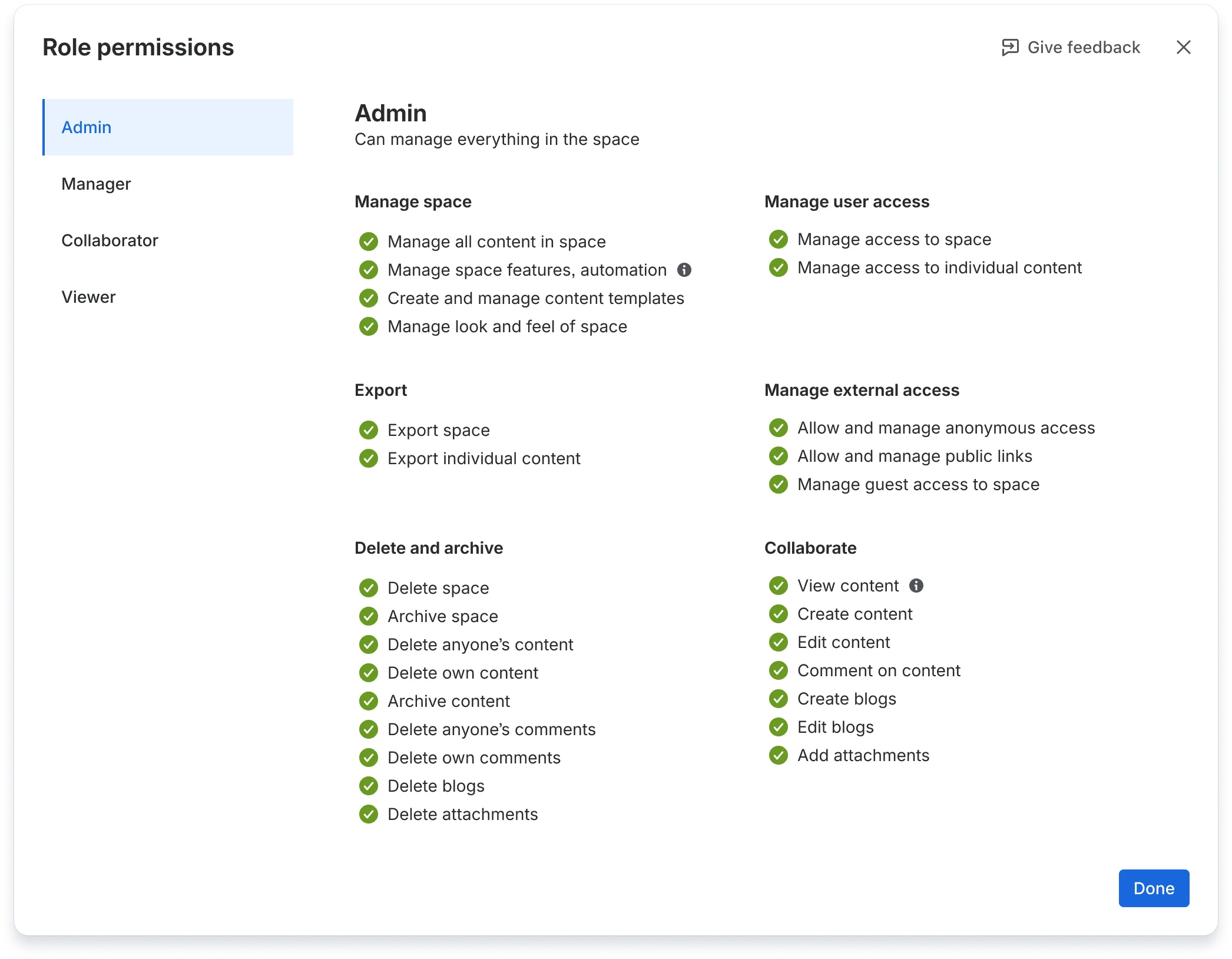 Ansicht der Berechtigungen eines Admins in Confluence