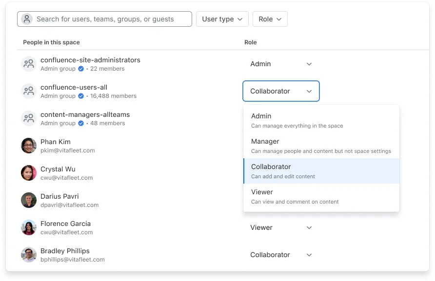 Ein Dropdown-Menü zur Auswahl von RBAC-Rollen