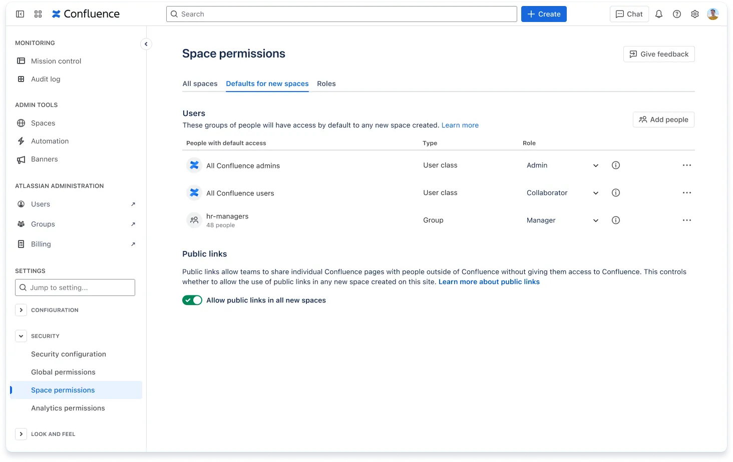 Die Seite Nutzer auf dem Bildschirm Bereichsberechtigungen eines Confluence-Administrators