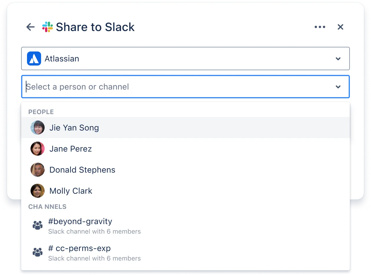 Share to Slack mit Atlassian als ausgewählter Slack-Workspace und geöffneter Slack-Nutzer-/Kanalauswahl mit Vorschlägen.