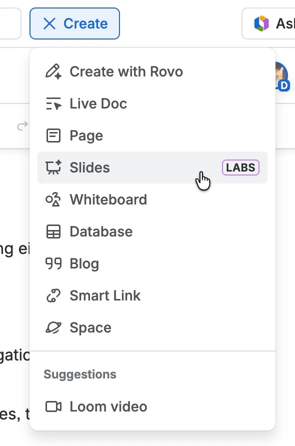 Das Erstellen-Menü mit hervorgehobener Option „Slides"