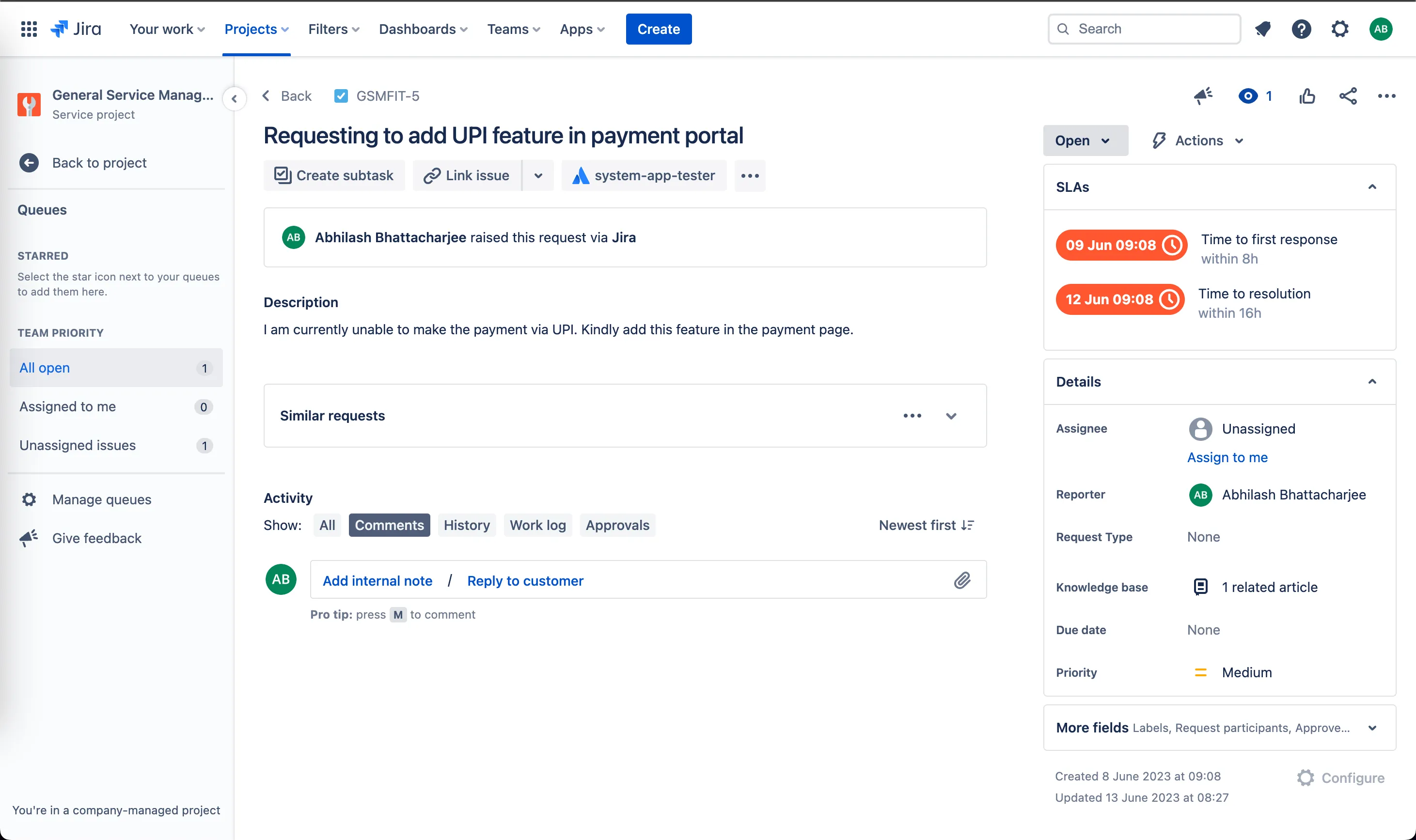 Jira Service Management Vorgangsansicht