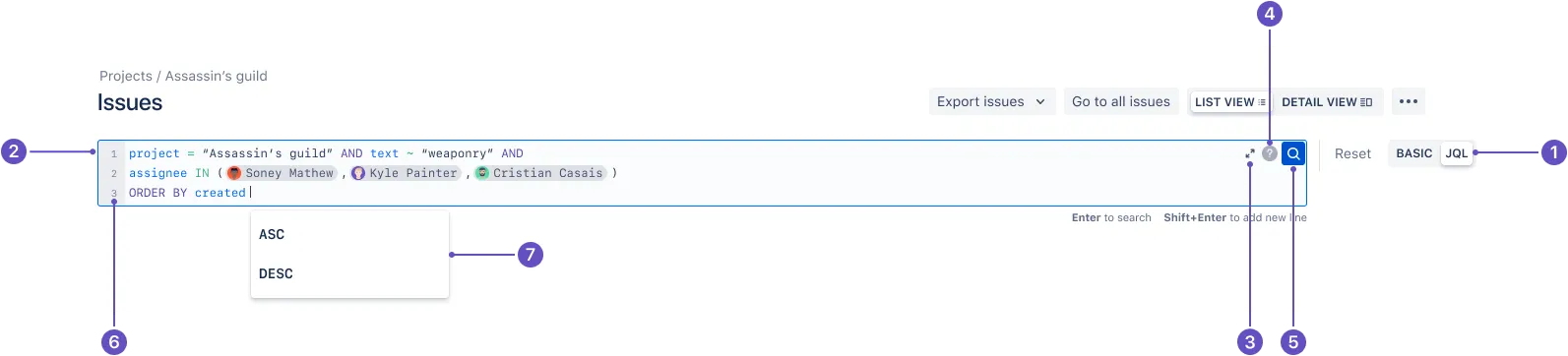 Interface der JQL-Suche in Jira Cloud