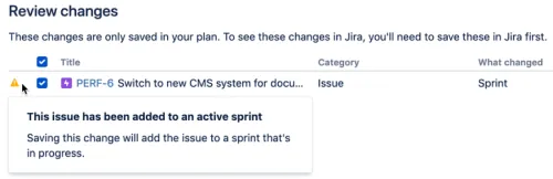 Warnung im Fenster Änderungen überprüfen in Jira Cloud