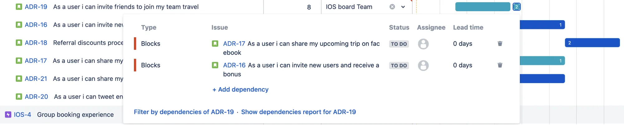 Ansicht aller Abhängigkeiten in einem Jira Advanced Roadmaps Plan