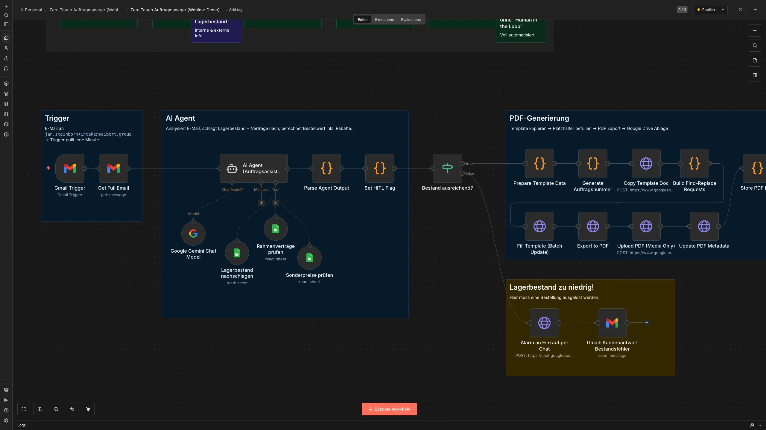 Screenshot eines n8n-Workflows für das Zero Touch Auftragsmanagement mit KI-Agent, Lagerbestandsprüfung und automatischer PDF-Generierung