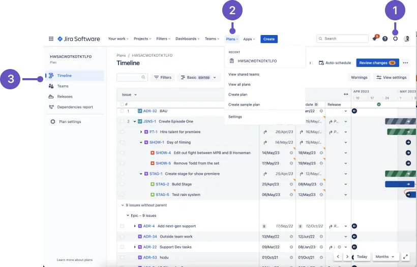 Übersicht der Navigation in einem Jira Advanced Roadmaps Plan