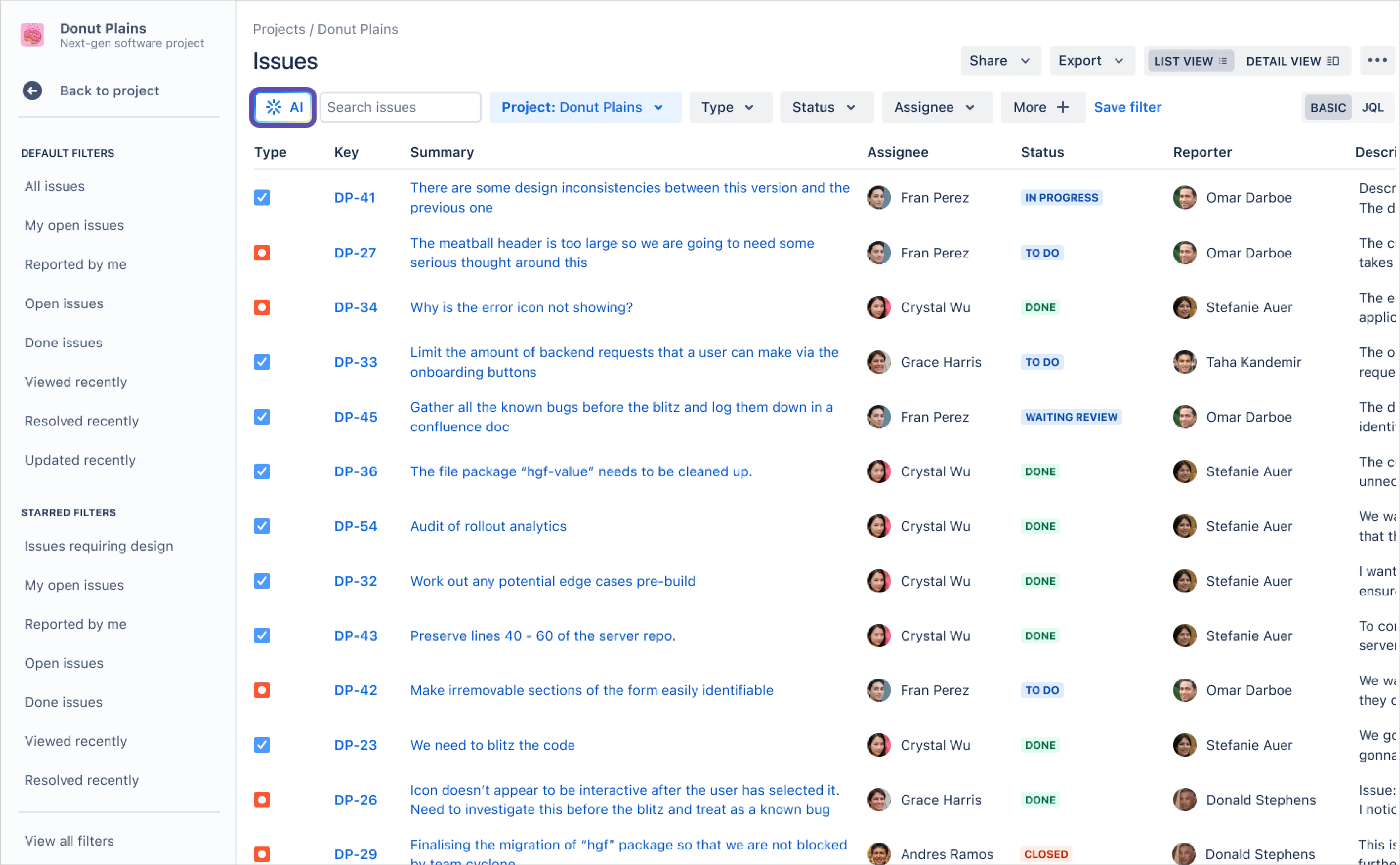 Atlassian Intelligence AI Button in der Jira Suche