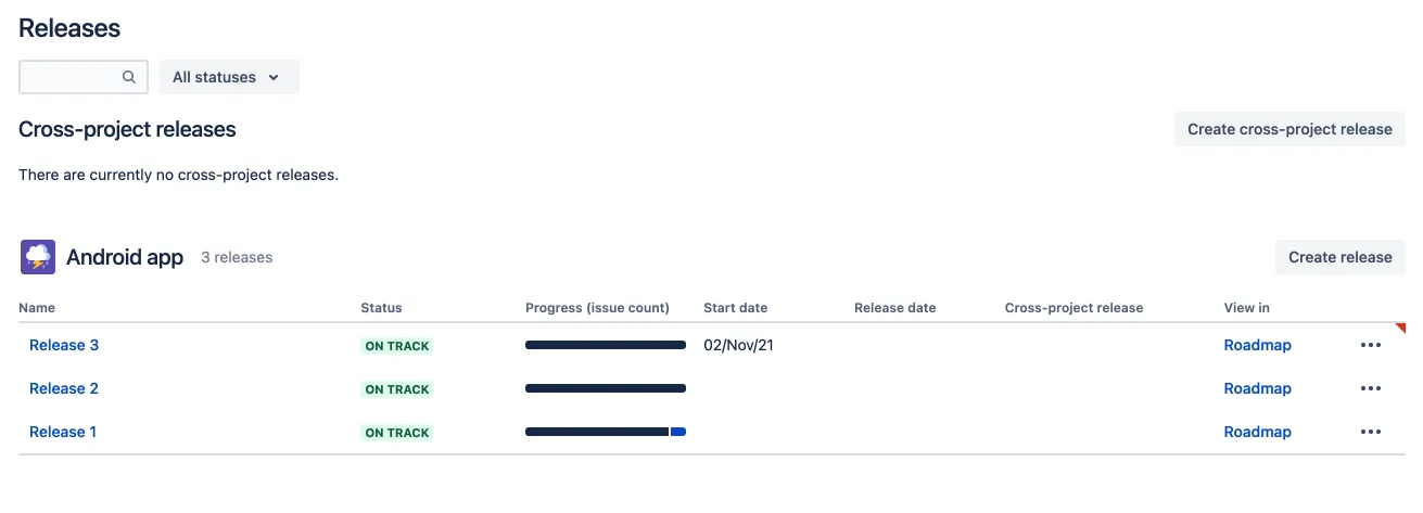 Ansicht der Releases in einem Jira Plan