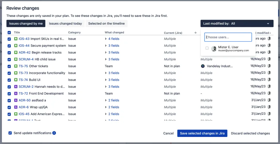 Filteroptionen im Fenster Änderungen überprüfen in Jira Cloud