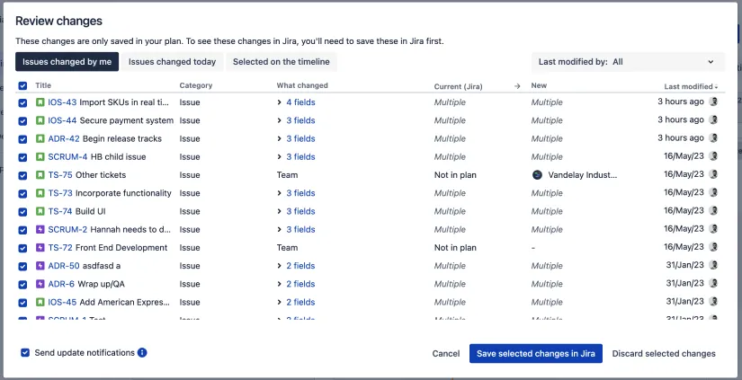 Modal zur Überprüfung von Änderungen in Jira Cloud Plänen