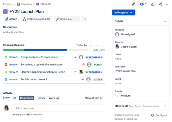 Darstellung eines Epics in Jira