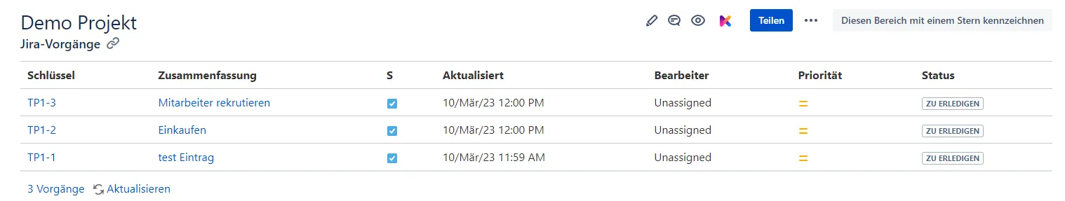 Jira Softwareprojekt auf Confluence Startseite
