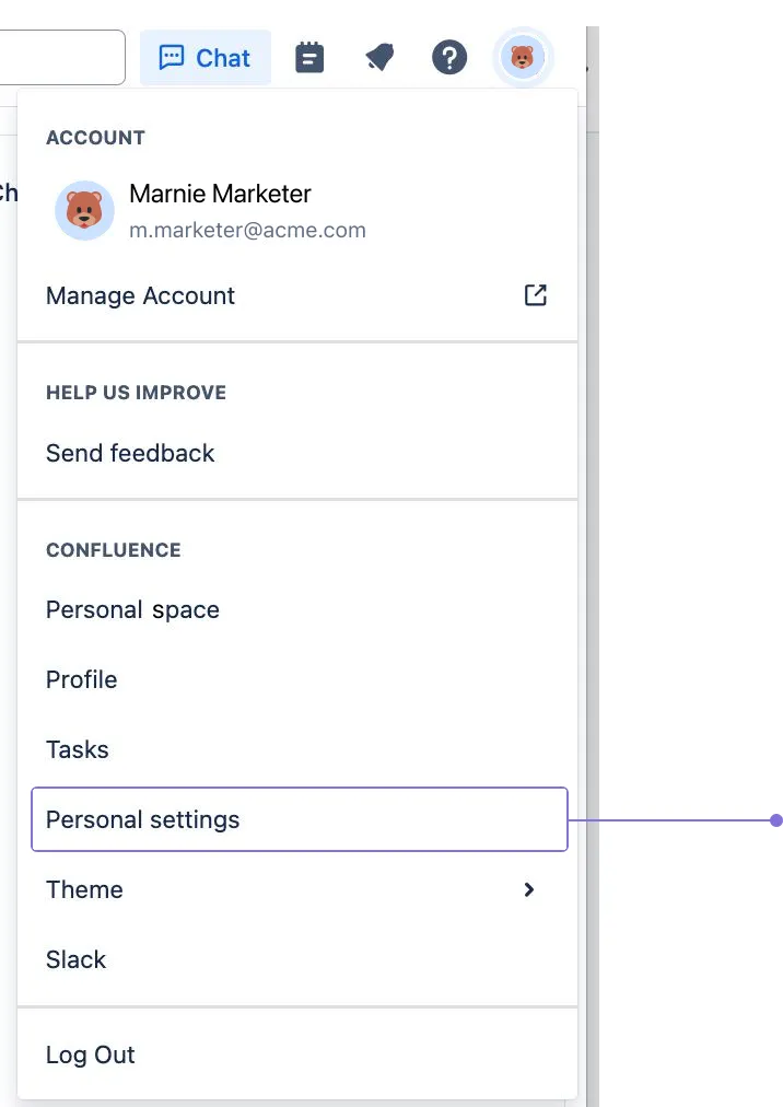 Rechter Bereich der Confluence-Navigation mit markierter Option Persönliche Einstellungen.