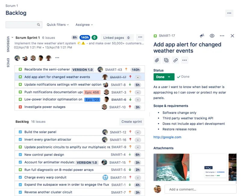 Scrum Backlog mit ausgewähltem Vorgang