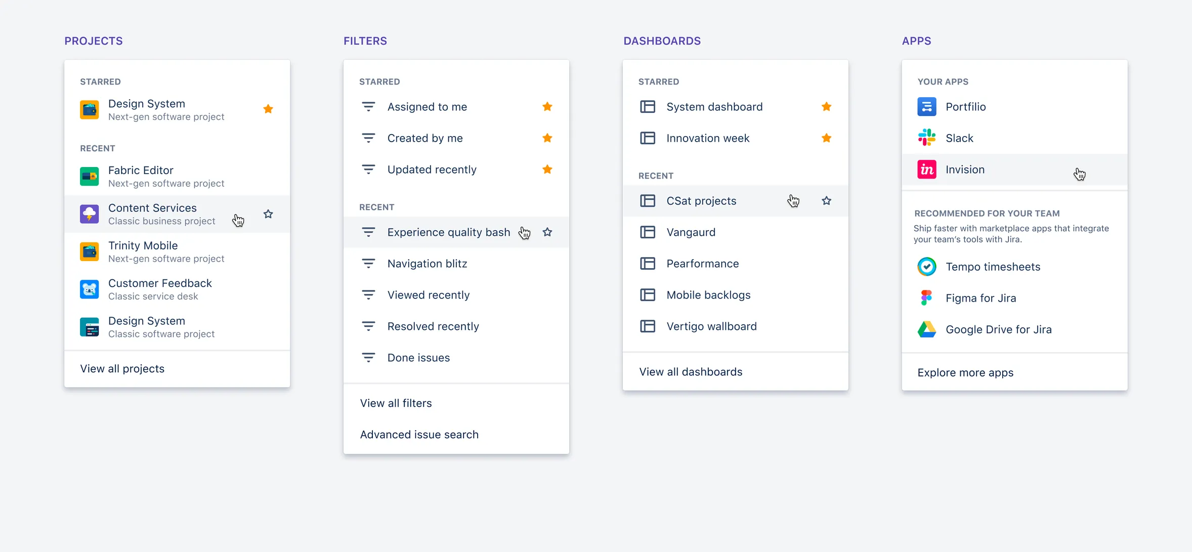 Beispiel für Dropdown-Menüs in der Jira Navigation