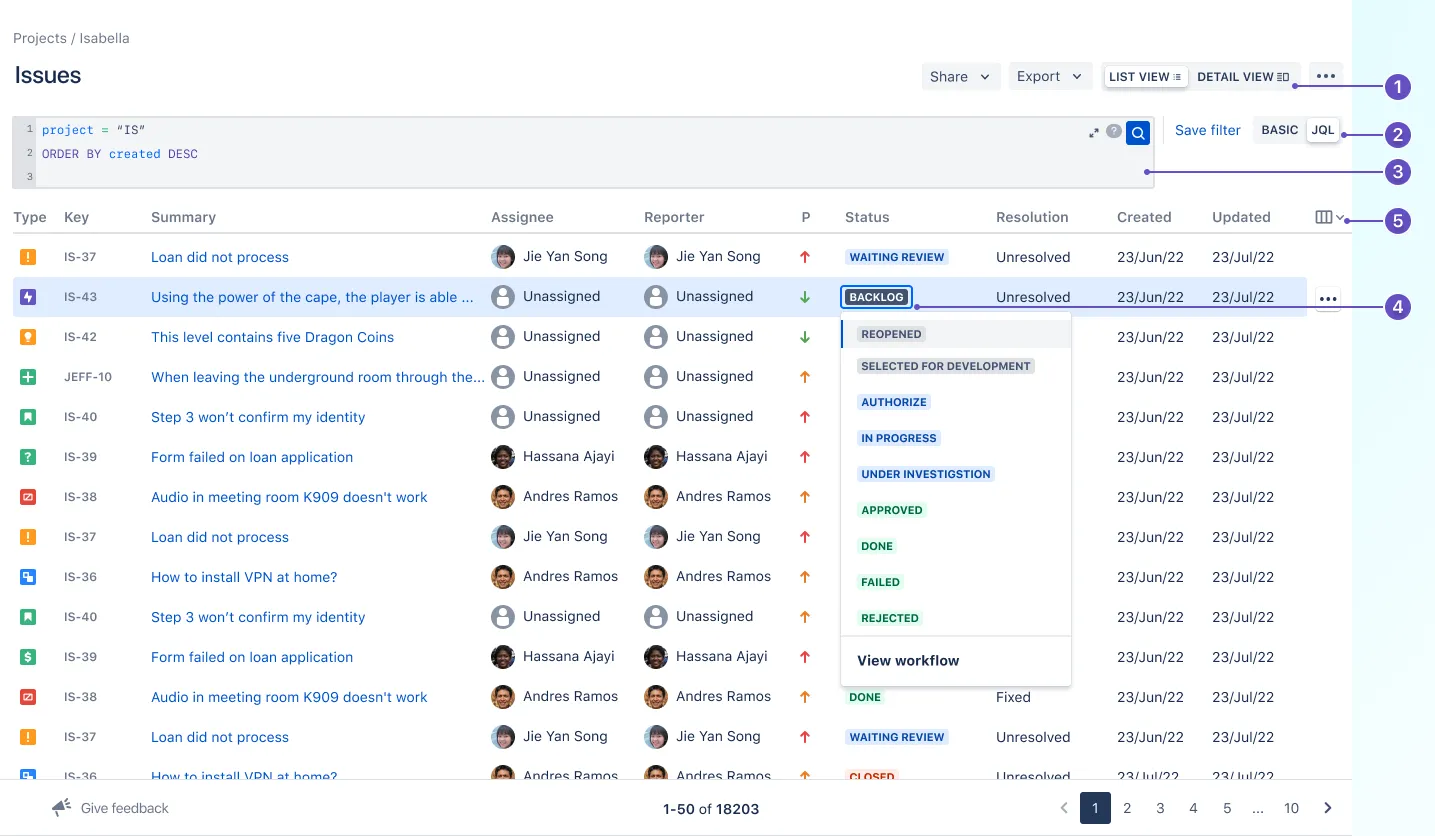 Die neue Jira Vorgangssuche Oberfläche mit Markierungen