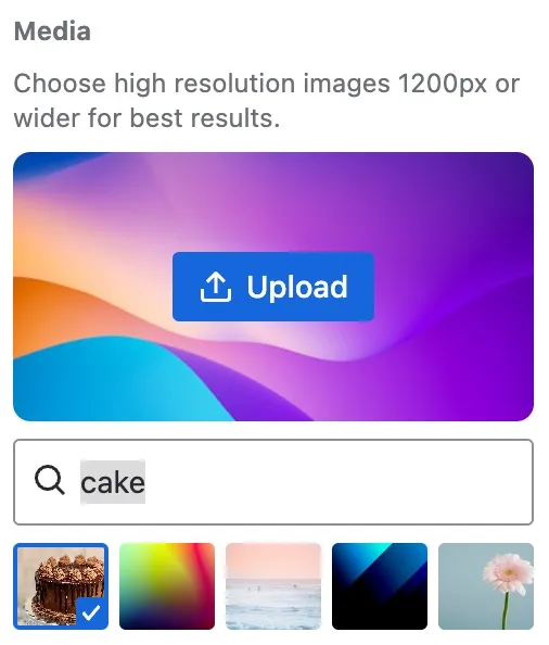Die Bildauswahl für ein Spotlight mit ausgewähltem Kuchenbild