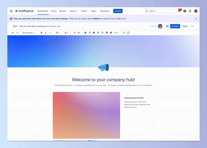 Animiertes GIF: Durchscrollen der Landingpage-Vorlage zum Erstellen eines Company Hubs